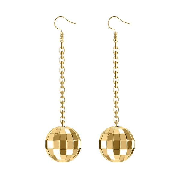 Long Gold Disco Ball Dangle Earrings