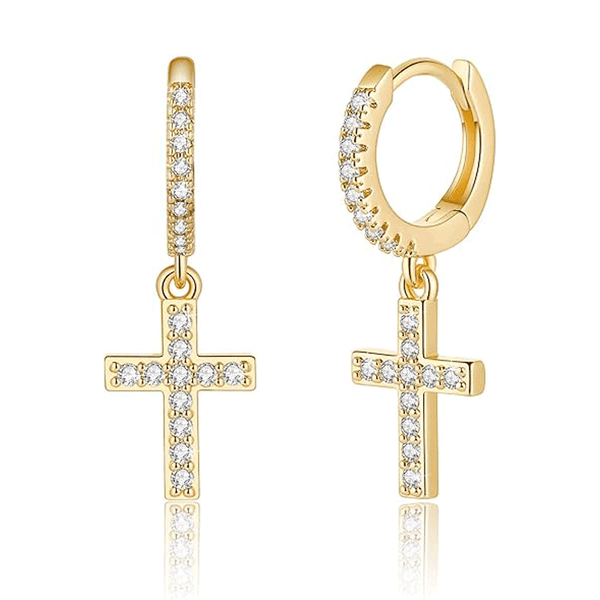 Gold Cross Huggie Hoop Drop Earrings