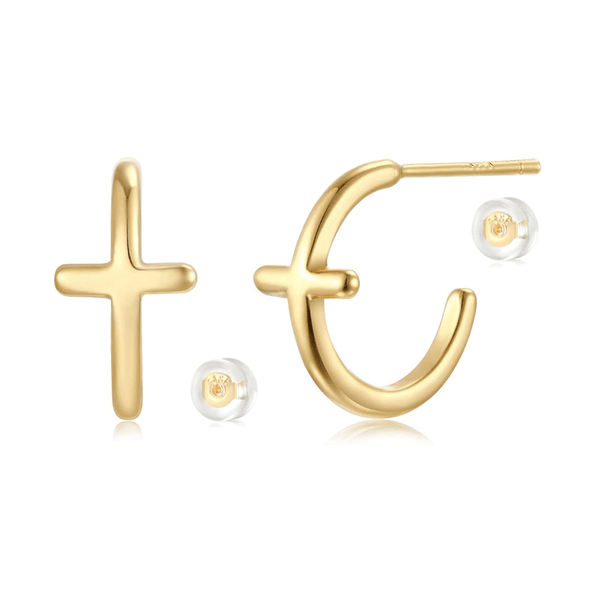 Gold Cross Open Huggie Hoop Earrings