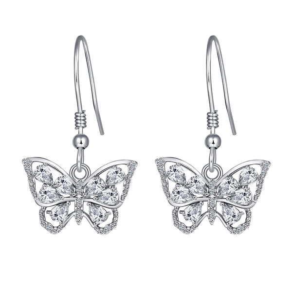 Sterling Silver Dangle Butterfly Earrings with April Birthstone