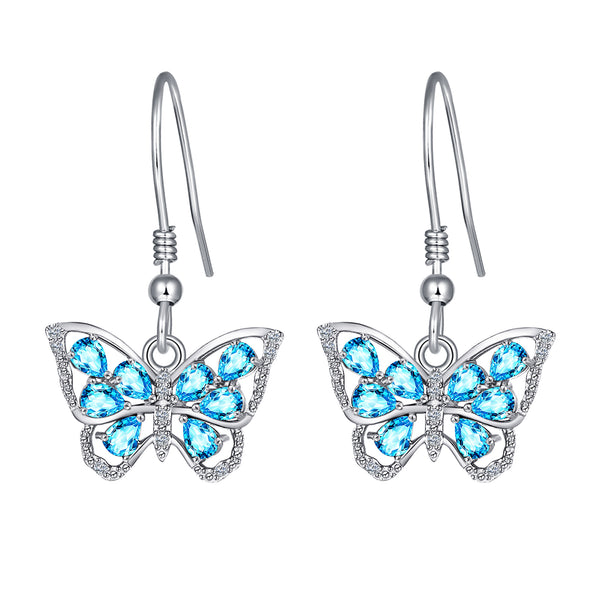 Sterling Silver Dangle Butterfly Earrings with March Birthstone