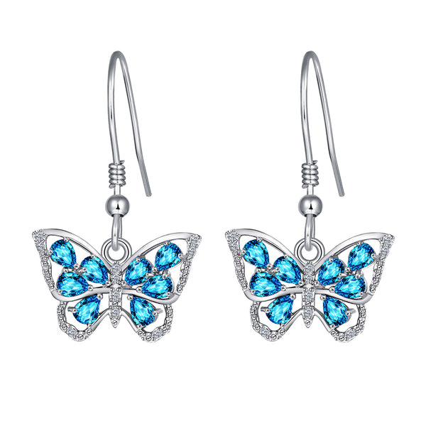 Sterling Silver Dangle Butterfly Earrings with December Birthstone