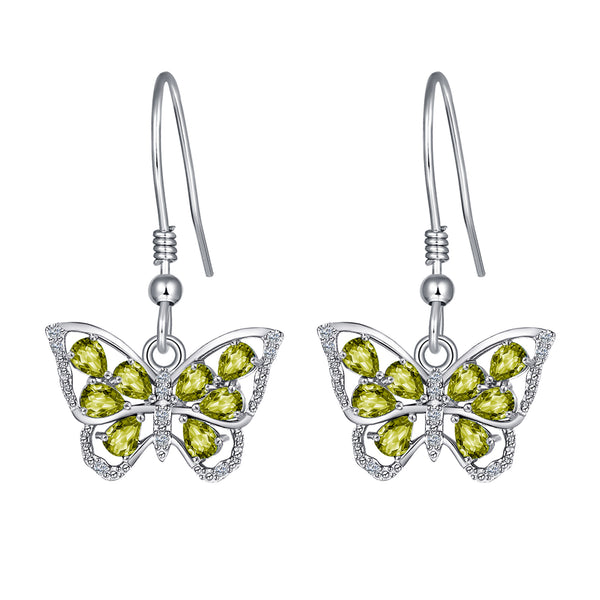 Sterling Silver Dangle Butterfly Earrings with August Birthstone