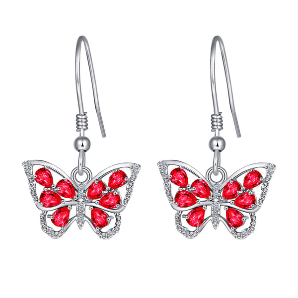 Sterling Silver Dangle Butterfly Earrings with July Birthstone