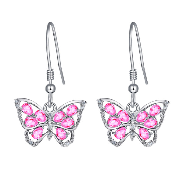 Sterling Silver Dangle Butterfly Earrings with October Birthstone