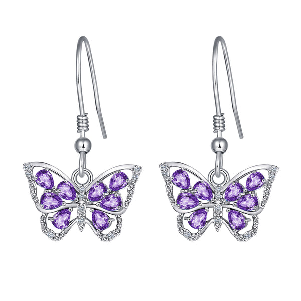 Sterling Silver Dangle Butterfly Earrings with February Birthstone