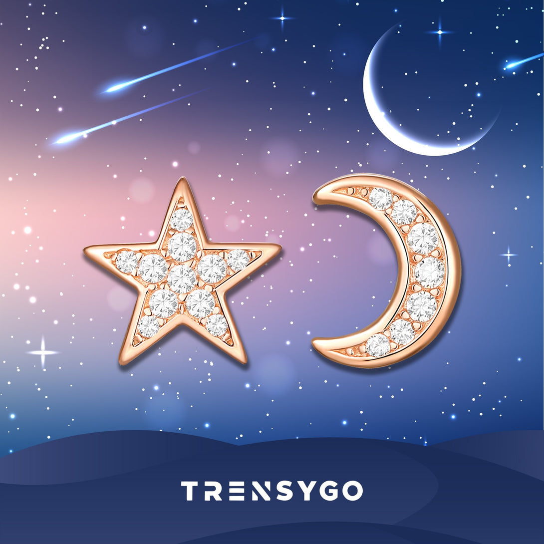 Rose Gold Sterling Silver Asymmetrical Crescent Moon And Star Stud Earrings For Girls - Trensygo Jewelry