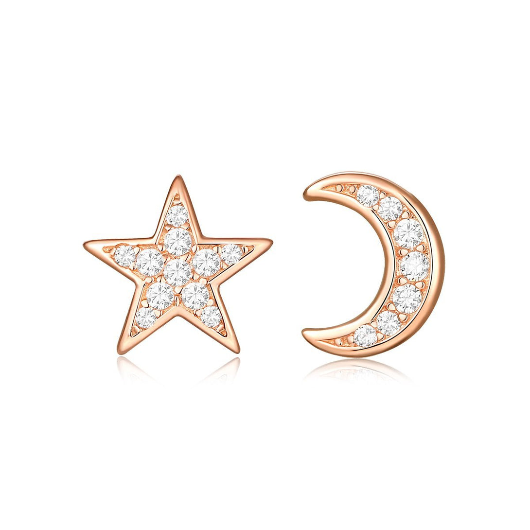 Rose Gold Sterling Silver Asymmetrical Crescent Moon And Star Stud Earrings For Girls - Trensygo Jewelry