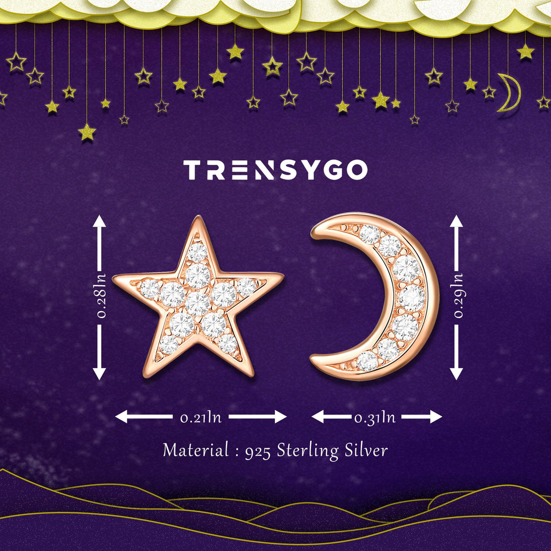 Rose Gold Sterling Silver Asymmetrical Crescent Moon And Star Stud Earrings For Girls - Trensygo Jewelry