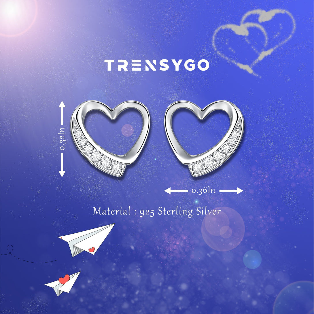 Sterling Silver Diamond Love Open Heart Shaped Stud Earrings - Trensygo Jewelry