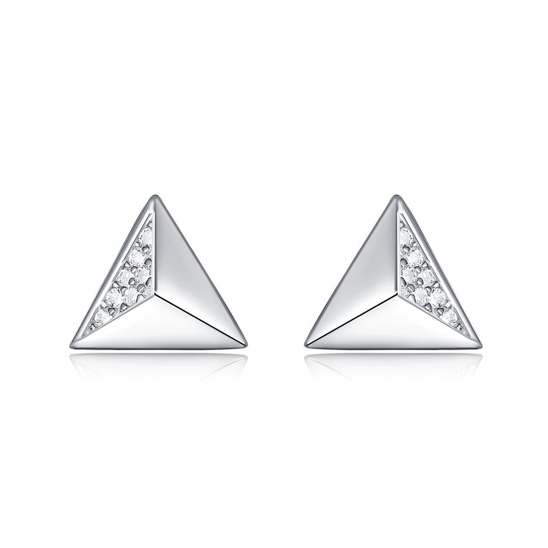 White Gold Sterling Silver Geometric Triangle Shaped Stud Earrings - Trensygo Jewelry