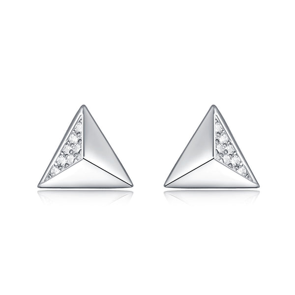 White Gold Sterling Silver Geometric Triangle Shaped Stud Earrings - Trensygo Jewelry