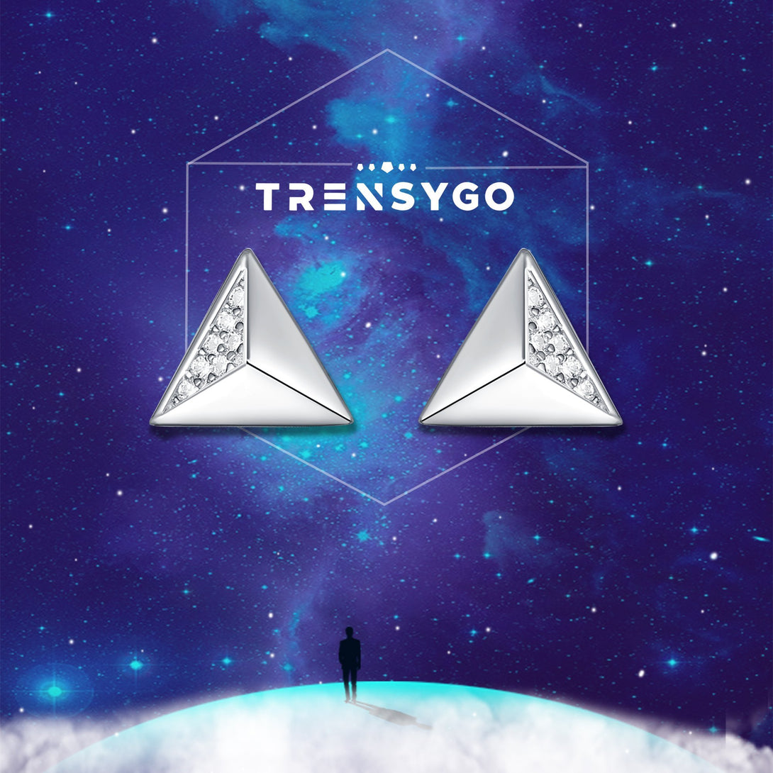 White Gold Sterling Silver Geometric Triangle Shaped Stud Earrings - Trensygo Jewelry